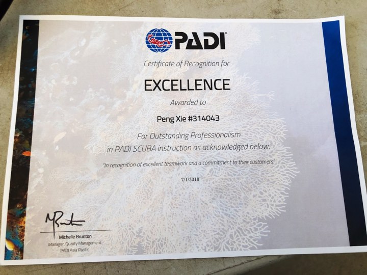 padi certificate of recognition for excellence asia divers